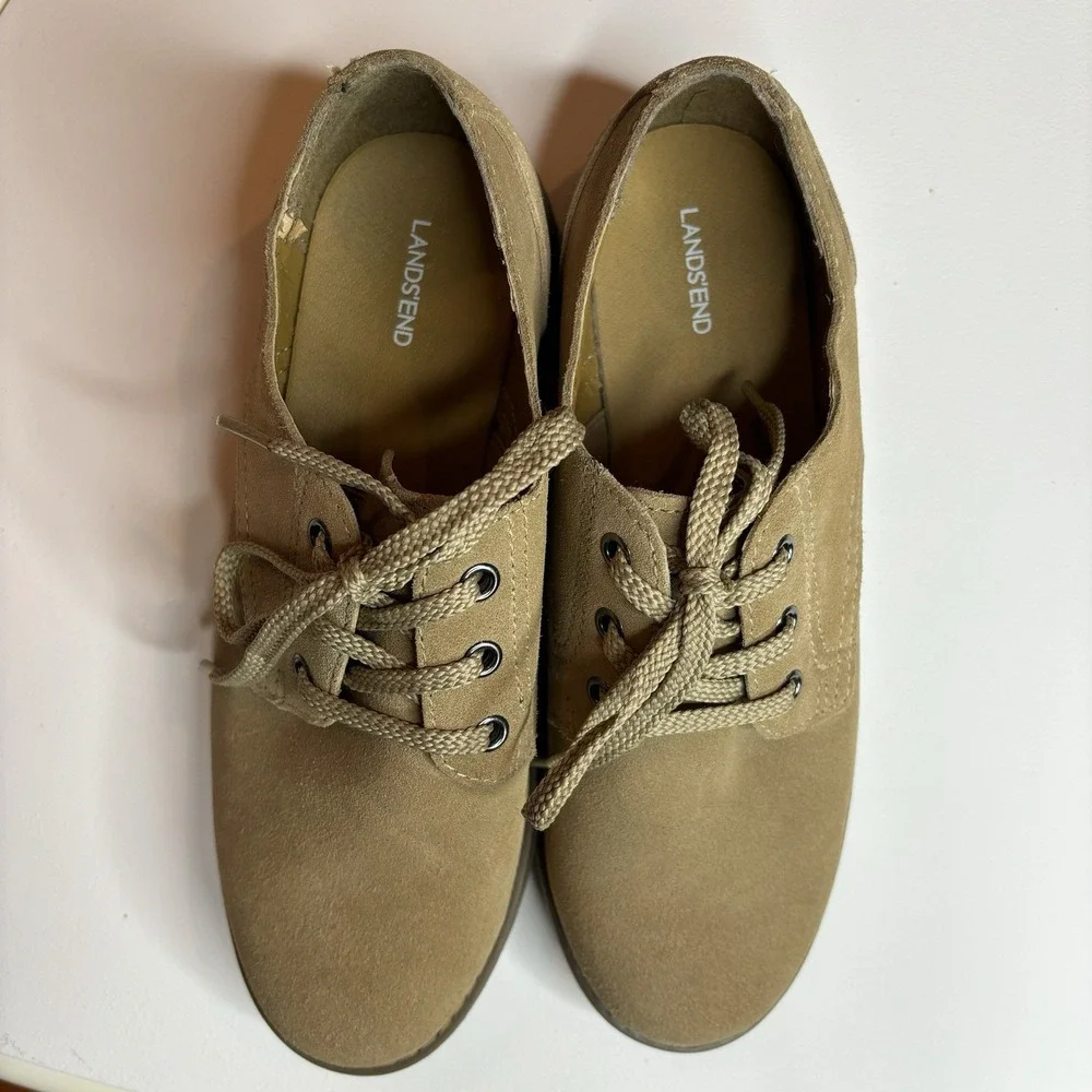 Lands' End Boys Oxford Dress Shoe Size 3 Tan Suede Leather Lace Up Brown Preppy‎